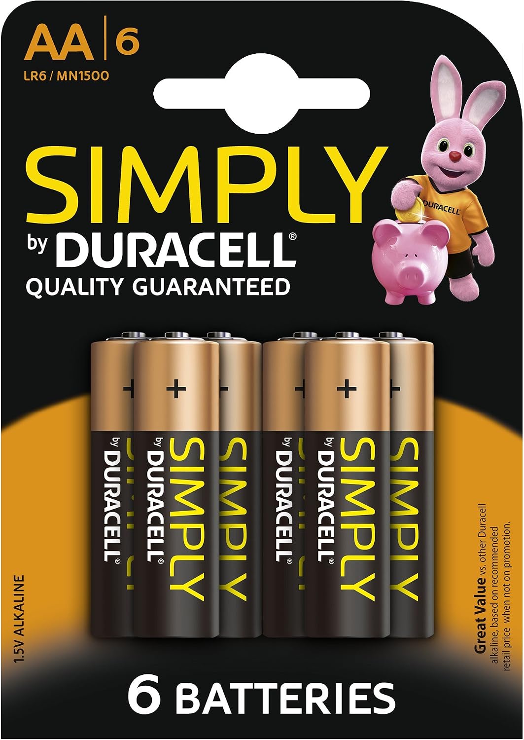 Duracell Simply Alkaline AA Batteries - Pack of 6 , White, 6 Count (Pack of 1)