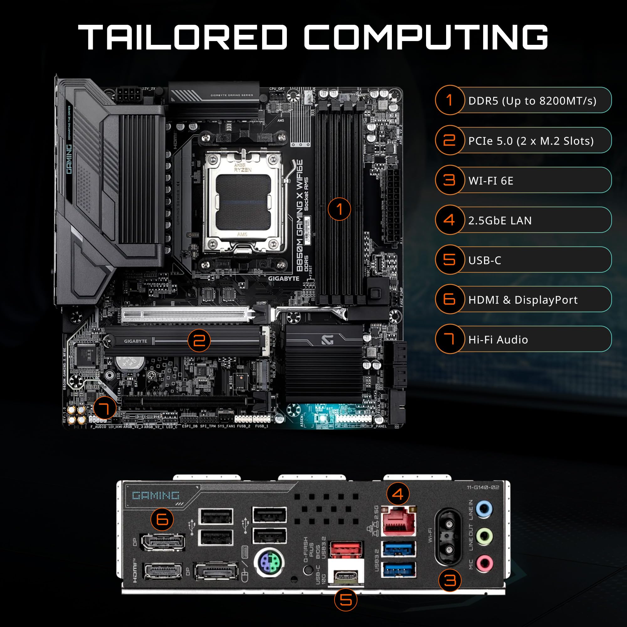 GIGABYTE B850M Gaming X WIFI6E AMD AM5 LGA 1718 Motherboard, mATX, DDR5, 2X M.2, PCIe 5.0, USB-C, WIFI6E, 2.5GbE LAN, EZ-Latch, 5-Year Warranty