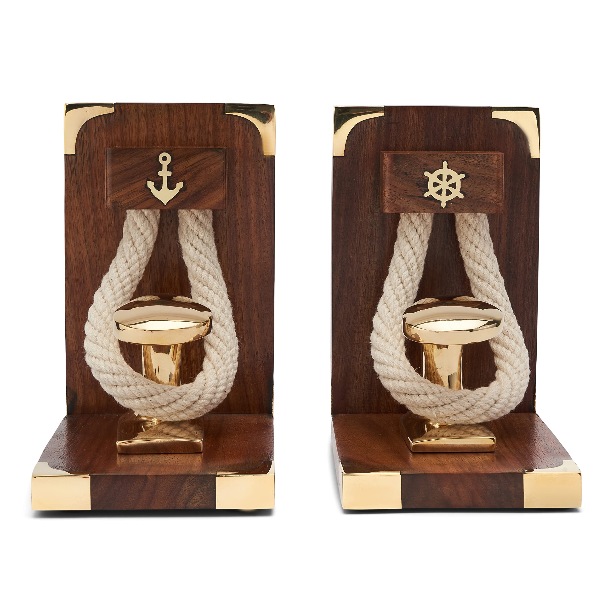 NKlaus 11527 Bookends with Bollard & Rope Wood Brass 31 x 16 x 9.5 cm Robust Book Holder with Maritime Flair for Your Bookshelf 1 Pair