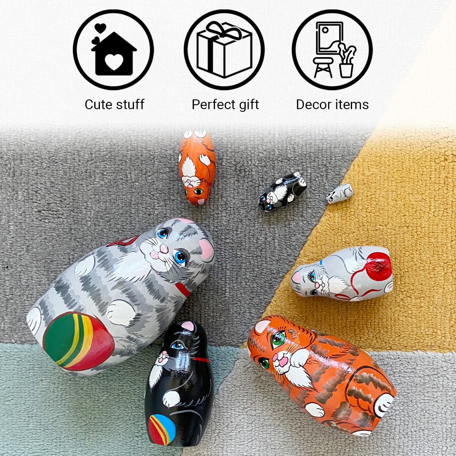 AEVVV Matryoshka Nesting Doll Set of 7 pcs - Cat Figurines - Kitten Decor - Cat Themed Gifts