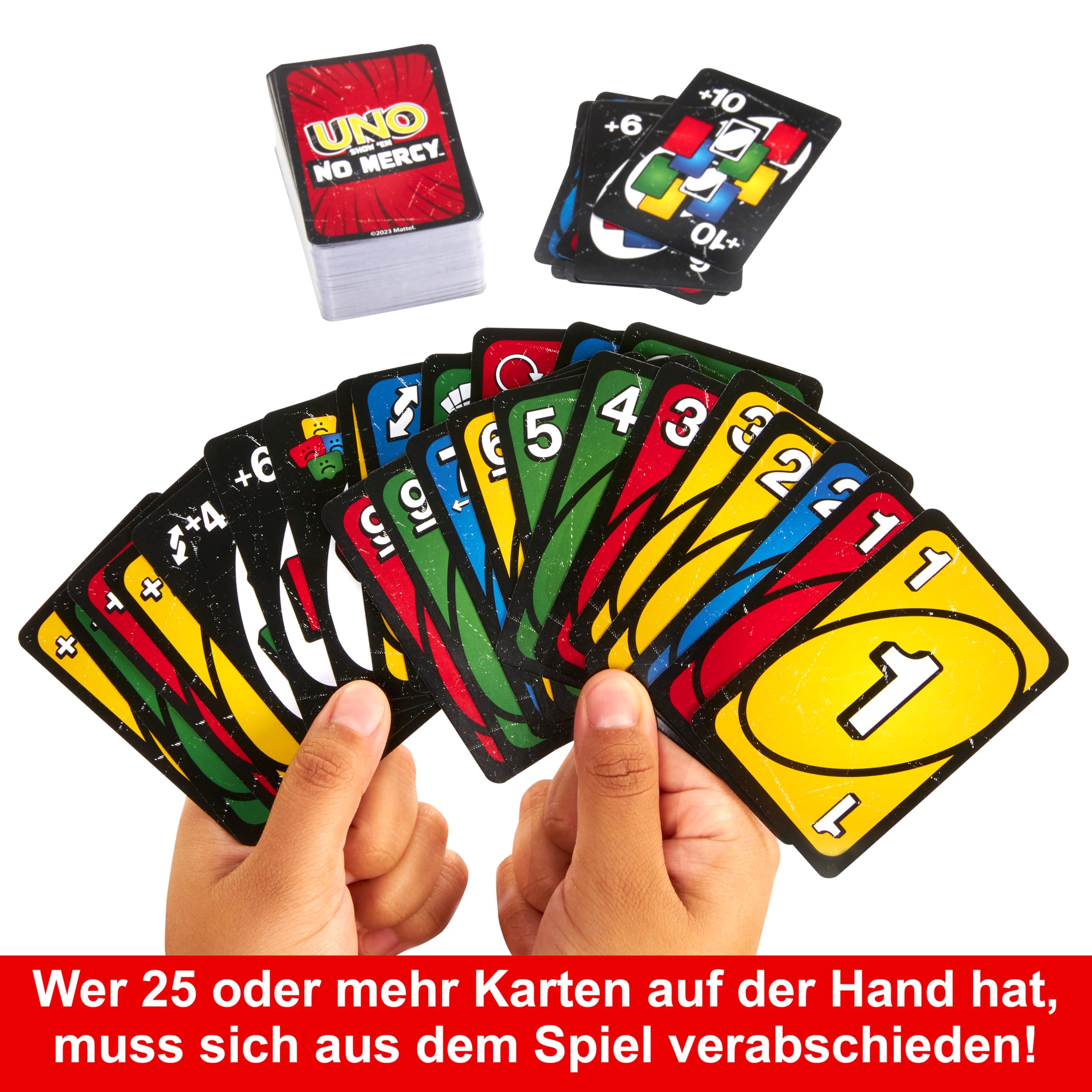 UNO Show 'em No Mercy - 56 zusätzliche Karten, Harte Aktionskarten und brutale Spielregeln für die gnadenloseste Version von UNO, Stapelregel und Handkartentausch, ab 7 Jahren, HWV18 5