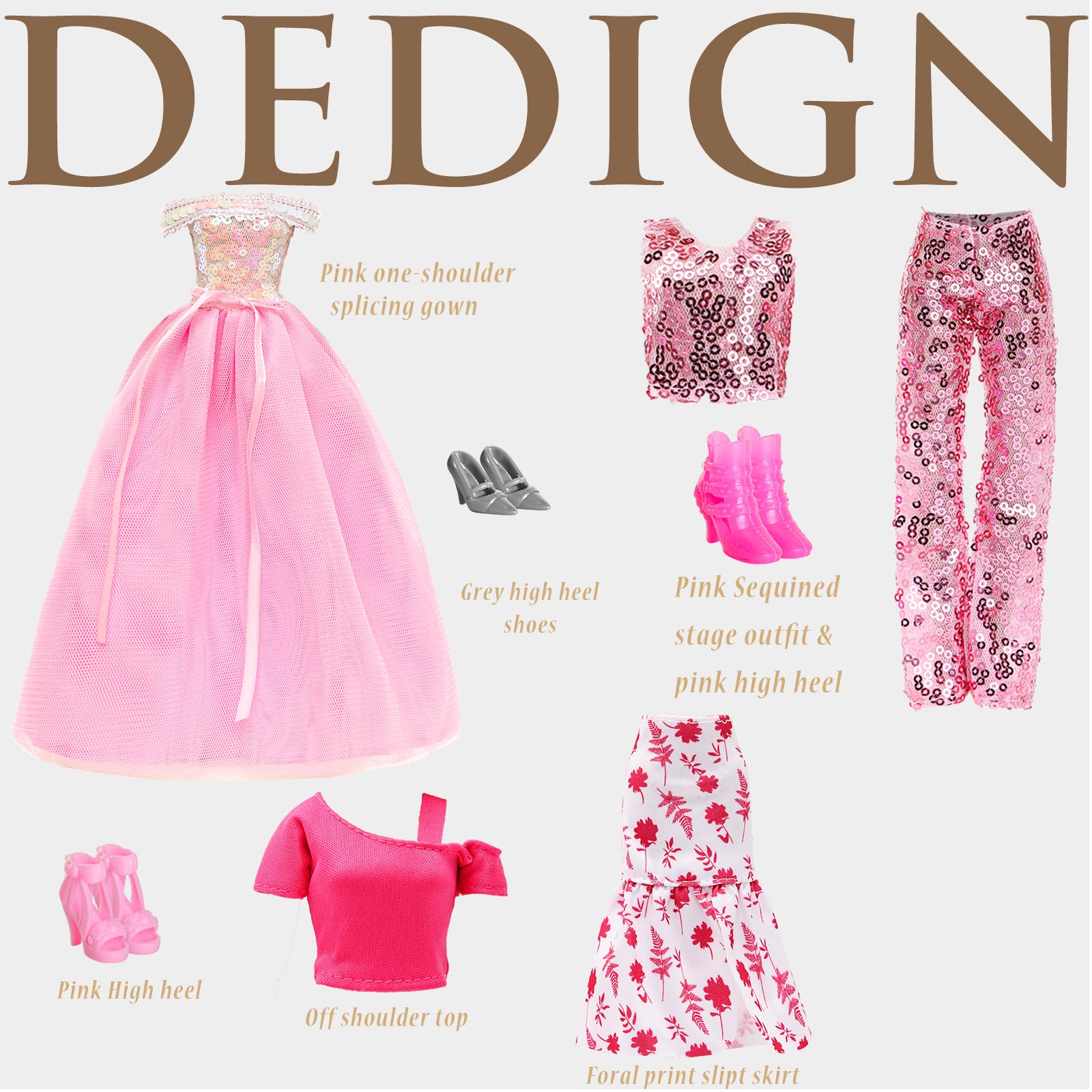 15 Pieces 11.5 Inch Girl Dolls Fashion Pack 6 Set Doll Clothes Include Chic Suits Party Gown Sequin Outfit Stylish Dress 6 Pairs of Shoes 3 Accessories for Girl Dolls Clothing(NO Doll)