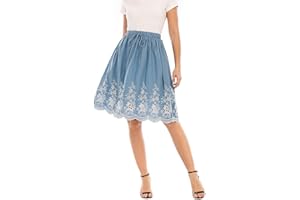 Love Welove Fashion Women's Summer Cotton A-line Flared Embroidered Knee Length with Lining Knee Length Skirt