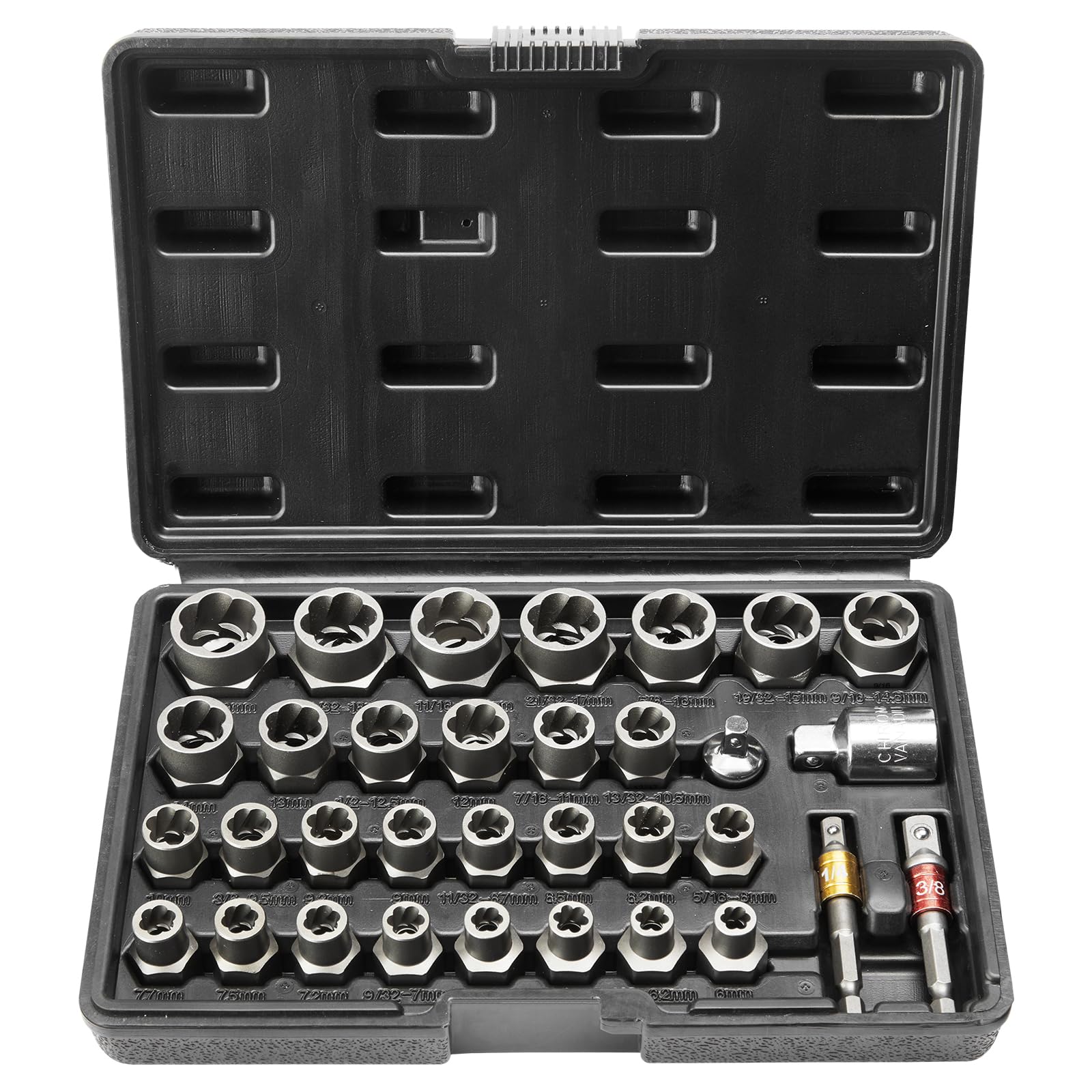 VEVOR 29-Piece Bolt and Nut Remover Set, 6mm to 10mm, 13/32" to 3/4", CR-MO Steel Extraction Socket Set with Storage Case, for Removing Damaged Rusted Bolts, Nuts and Screws