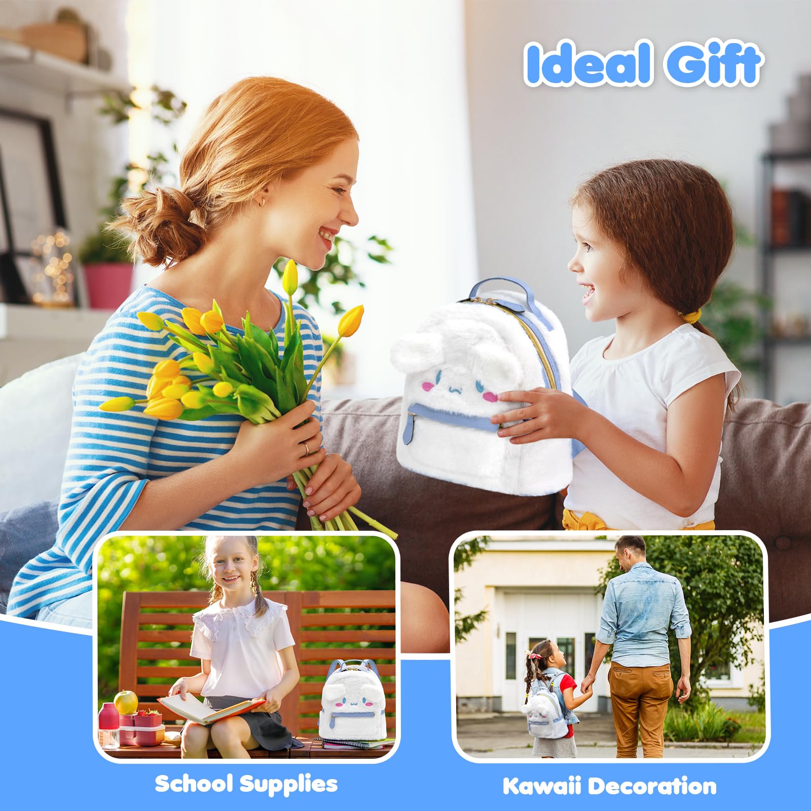 KIEAL Blue Kids Backpack, Kawaii Stuff Plush Backpack, Adorable Bag Handbag for Girls Kids Fans Birthday Present School Supplies