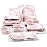 MALACASA Plates and Bowls Sets, 26 Pieces Pink Dinnerware Sets for 6, Porcelain Dinnerware Set with Dinner Plates and Bowls, Serving Platters, Square Dishware Sets, Modern Dish Set, Series Flora