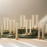 NUPTIO Hurricane Glass Candle Holders: Set of 18 Gold Taper Holders Bulk with Fluted Sleeves - Brass Candlestick Holders for Table Centerpiece Decoration