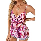 LYANER Women's Sexy Deep V Neck Spaghetti Strap Tie Front Sleeveless Peplum Cami Top