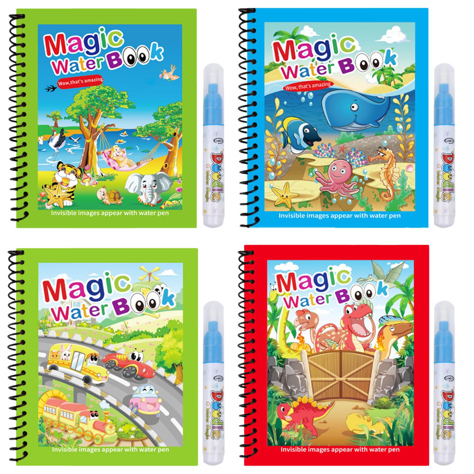 Magic Water Book Set, 4 Pack Reusable Water Drawing Coloring Books with 4 Water Pens, Mess-Free Travel Activity Toy for Kids Toddlers Boys Girls 3-6 Years, Dinosaur Ocean Jungle Vehicle Themes