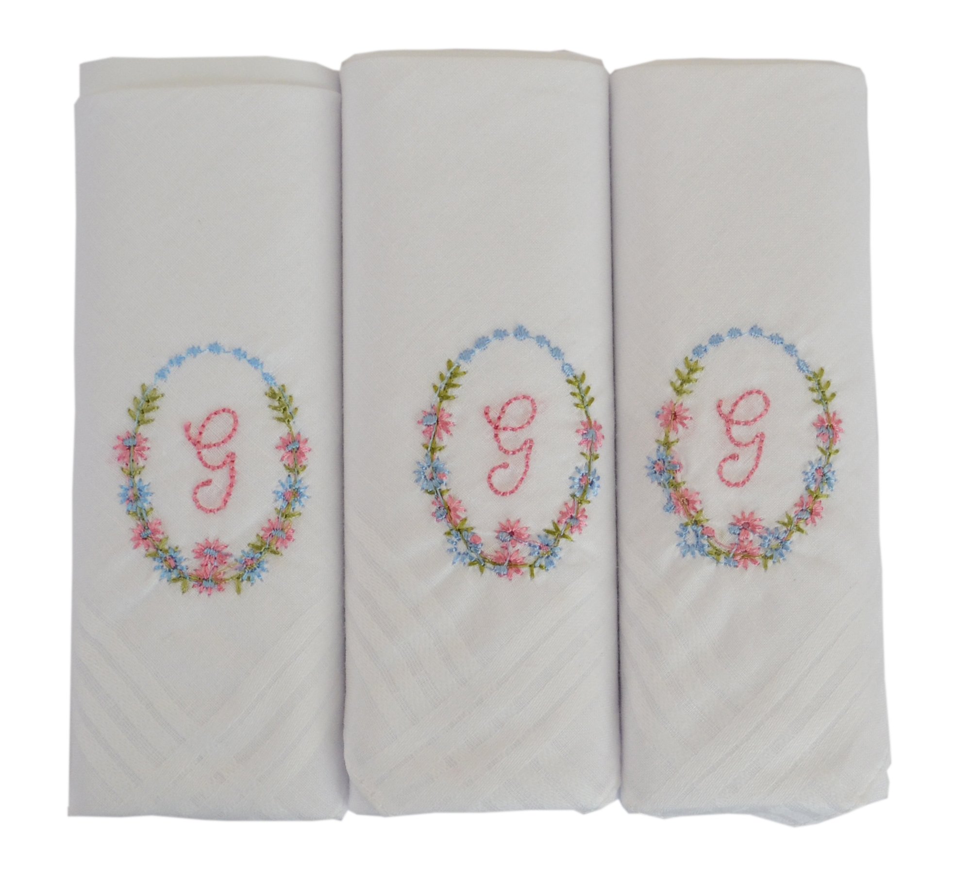 3 Pack Of Womens/Ladies Embroidered Initials Handkerchiefs With White Satin Border, G