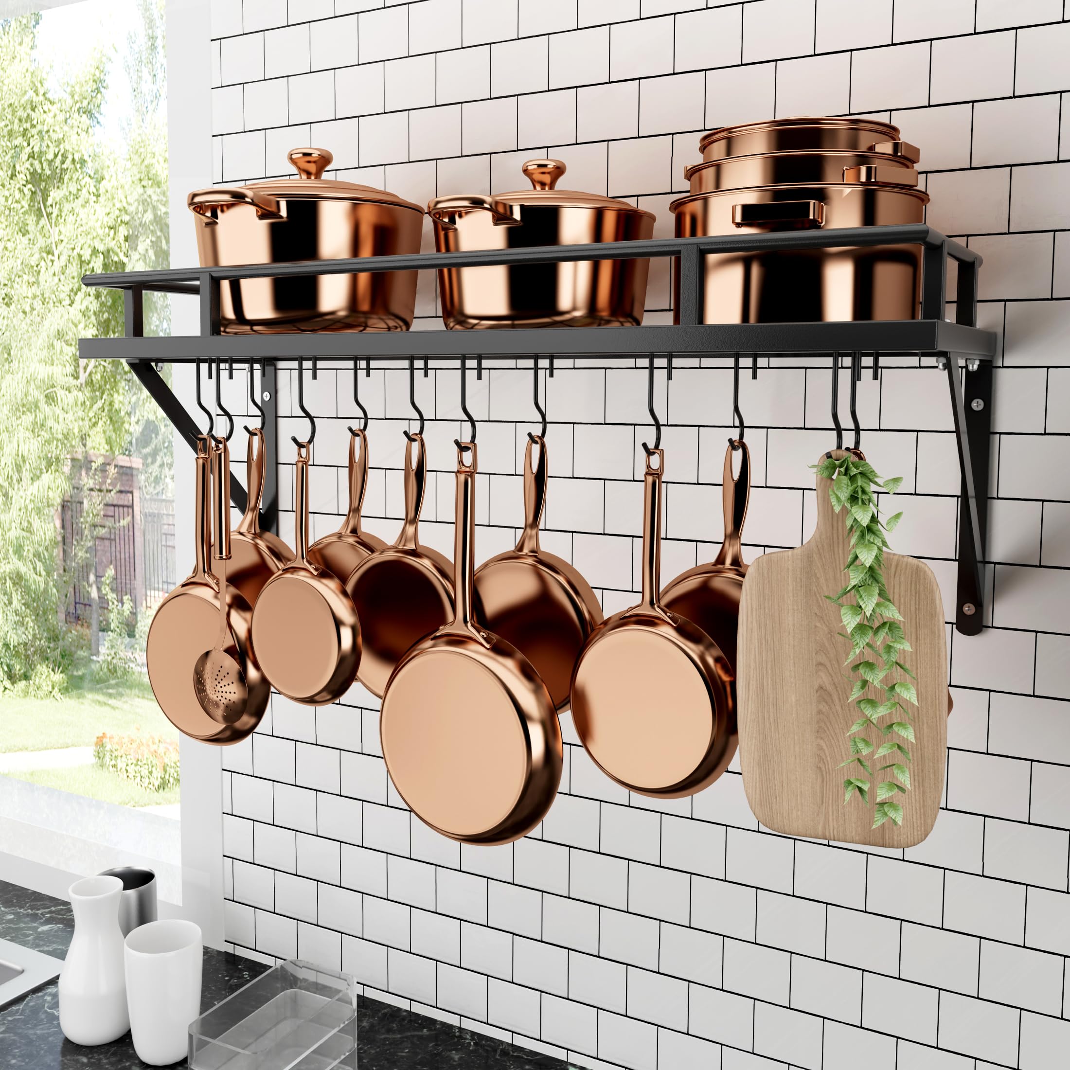 KES Pot Pan Rack Wall Mounted Kitchen Hanging Rack Storage Organizer Wall Shelf with 12 Hooks 76CM Matte Black, KUR215S75A-BK