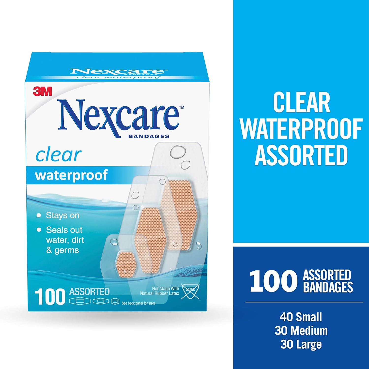 Nexcare Waterproof Bandages, Hypoallergenic, Family Pack, 100 Count, Assorted Sizes: Health & Personal Care