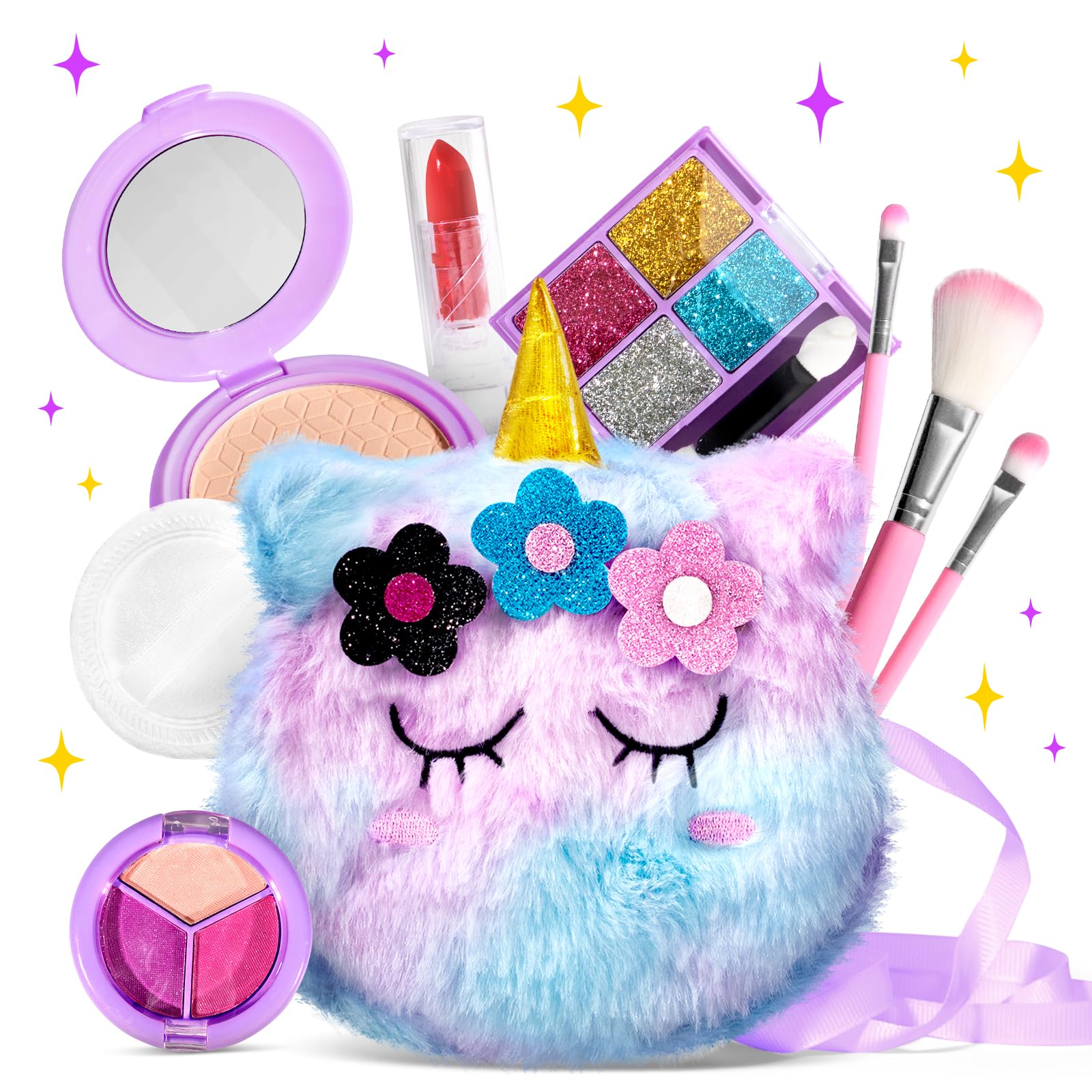 ULOVEME Kids Washable Makeup Kit for Girls 4-6 with Small Coin Purse(5.5x5.25in) - Real, Non Toxic Make Up Toy Gift- Umicorn Gift Set (Purple Coin Purse)