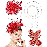 Bniksok 1920s Vintage Fascinators Hat Set for Women Tea Party Hats Veil Mesh Feather Headband Lace Gloves Set