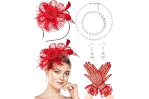 Bniksok 1920s Vintage Fascinators Hat Set for Women Tea Party Hats Veil Mesh Feather Headband Lace Gloves Set