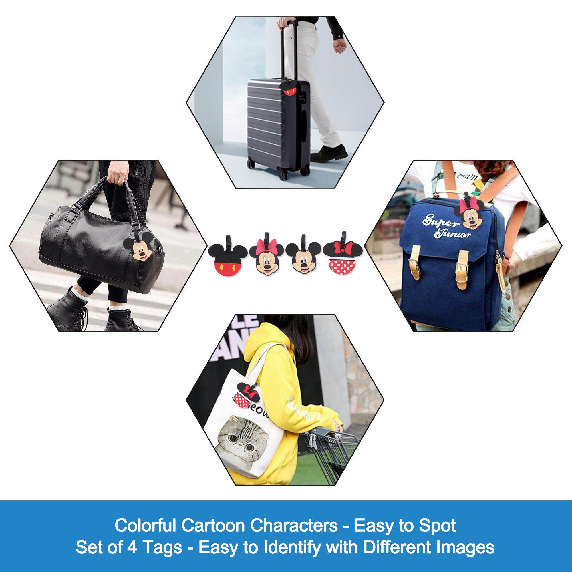 4 Pcs Set Mickey Minnie Silicone Travel Luggage Baggage Identification Labels ID Tag for Bag Suitcase Plane Cruise Ships with Belt Strap