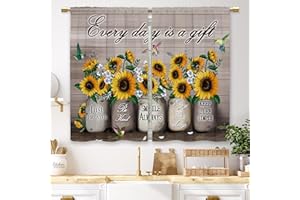 Laifzere Farmhouse Sunflower Kitchen Curtains Rustic Flower Country Floral Small Short Cafe Window Curtains Vintage Brown Plank Wooden Bathroom Window Drapes Treatment Tier Curtains (27.5x39 Inch)