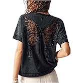 Milumia Women's Butterfly Cut Out Back T-Shirt Short Sleeve Vintage Loose Tee Tops Streetwear