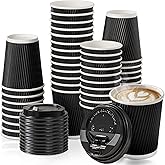 Fit Meal Prep 50 Pack 8 oz Black Disposable Coffee Cups with Lids, Corrugated Triple Wall To Go Hot Cups, Insulated Paper Coffee Cups for Hot Beverages, Travel, Home, Office (Black Lids)