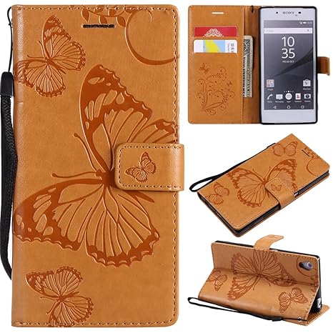 Hozor Sony Xperia Z5 Handyhülle, Retro Großer Schmetterling Muster PU Kunstleder Ledercase Brieftasche Kartenfächer Schutzhül