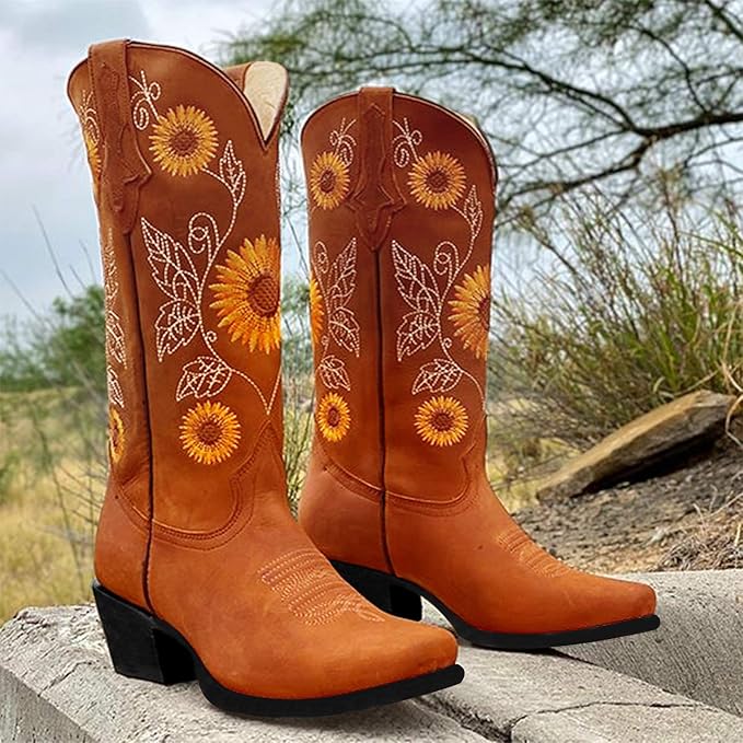 Womens Sunflower Printed Cowgirl Embroidered