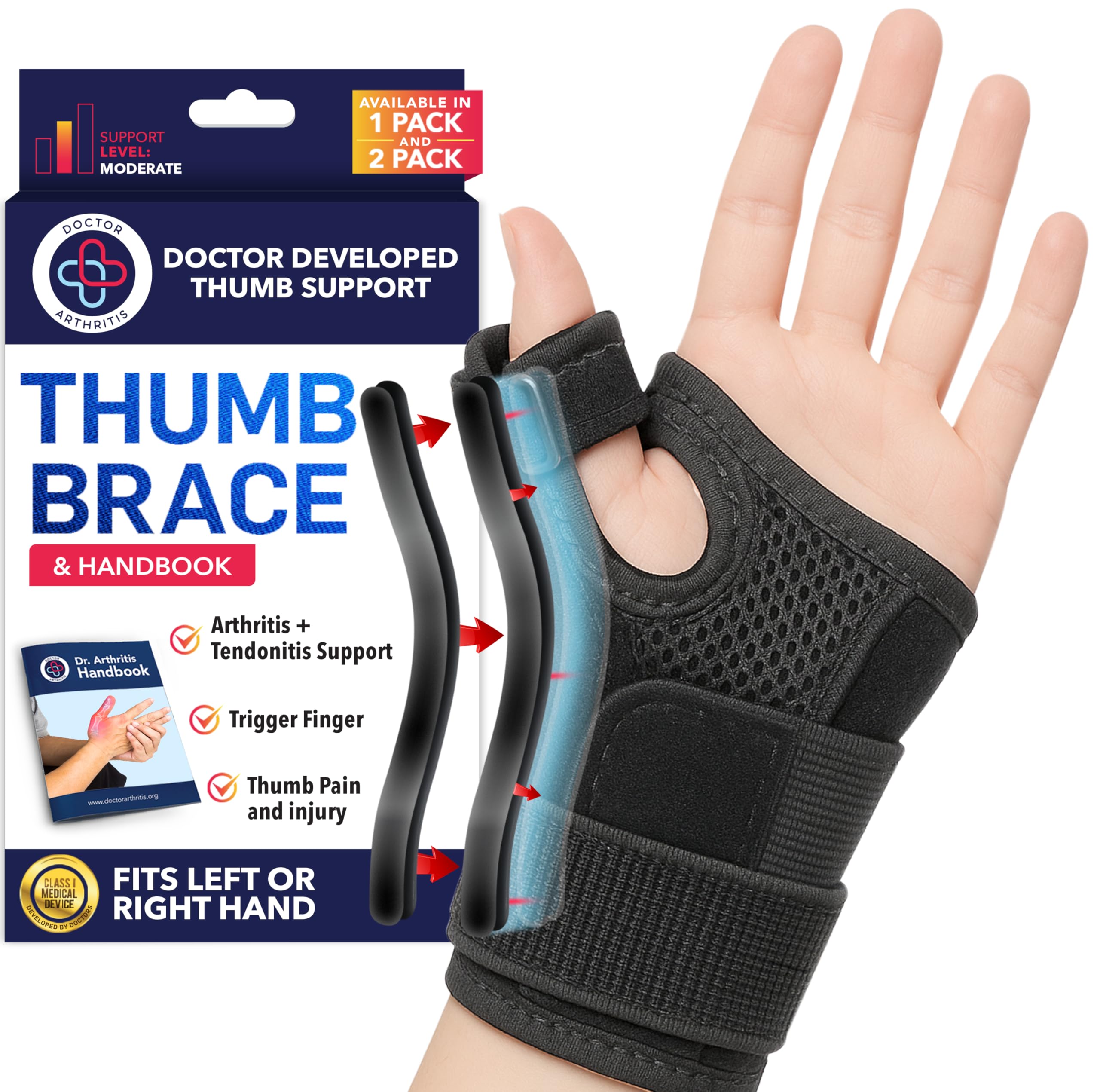 Dr.Arthritis Doctor Developed Thumb Brace & Doctor Handbook - Thumb Splint For Right Hand/Left (Black, Single)
