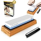 Premium Knife Sharpening Stone 2 Side Grit 1000/6000 Waterstone | Best Whetstone Sharpener | NonSlip Bamboo Base & Angle Guide