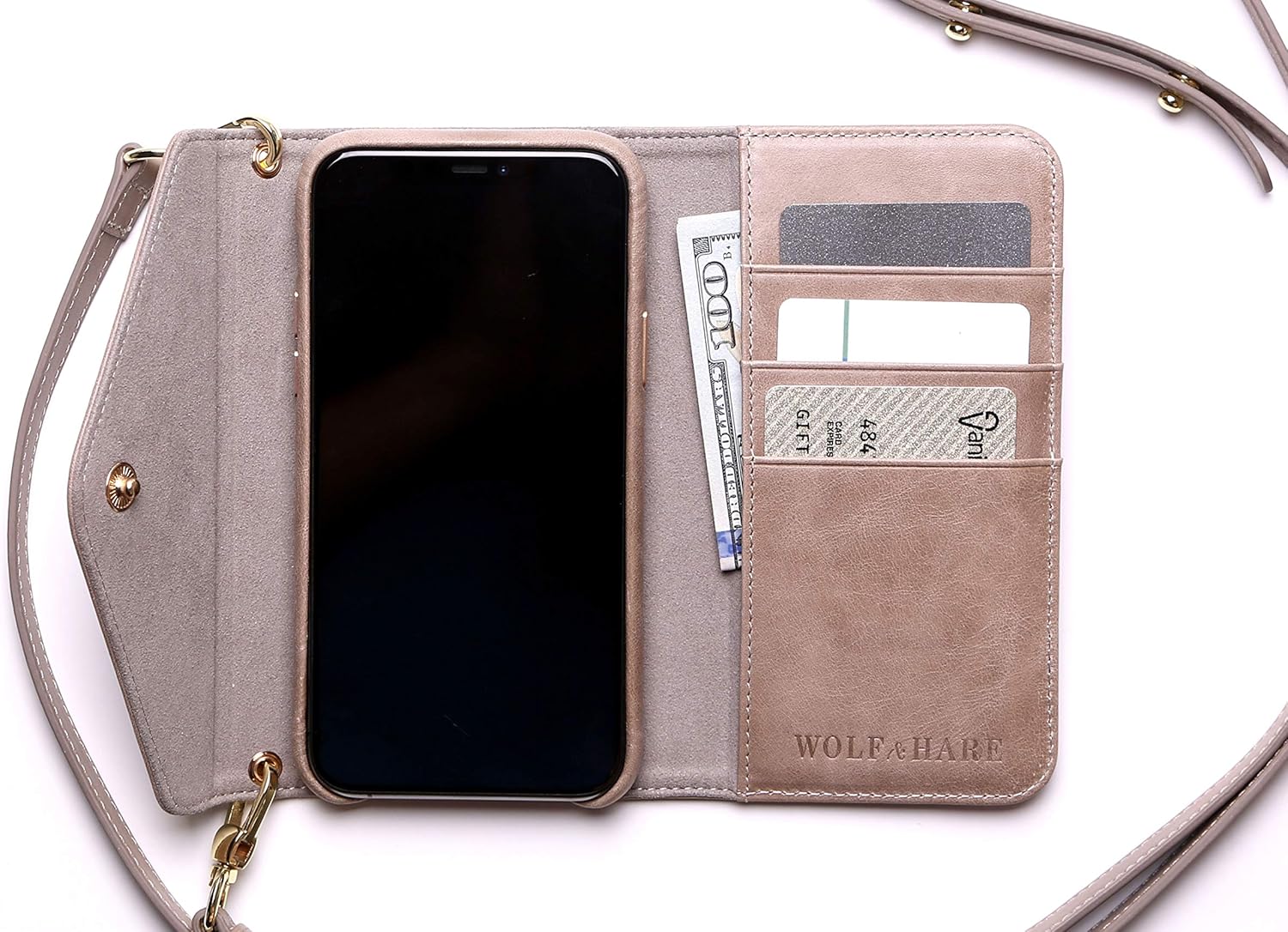 Wolf & Hare Beige Leather Phone Wallet Purse for iPhone 11 Pro Max - Luxury Crossbody Phone Wallet - iPhone Wallet Purse with Strap - Magnetic Closure - 3 Credit Card Slots - Great Gift for Women