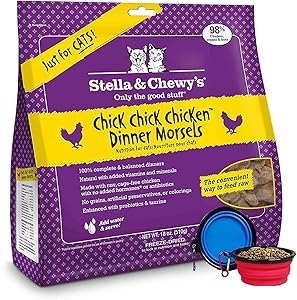 Stella & Chewy's Freeze Dried Cat Food,Snacks Super Meal Mixers 18-Ounce Bag with YHS Pets Food Bowl - Made in USA (Chicken)