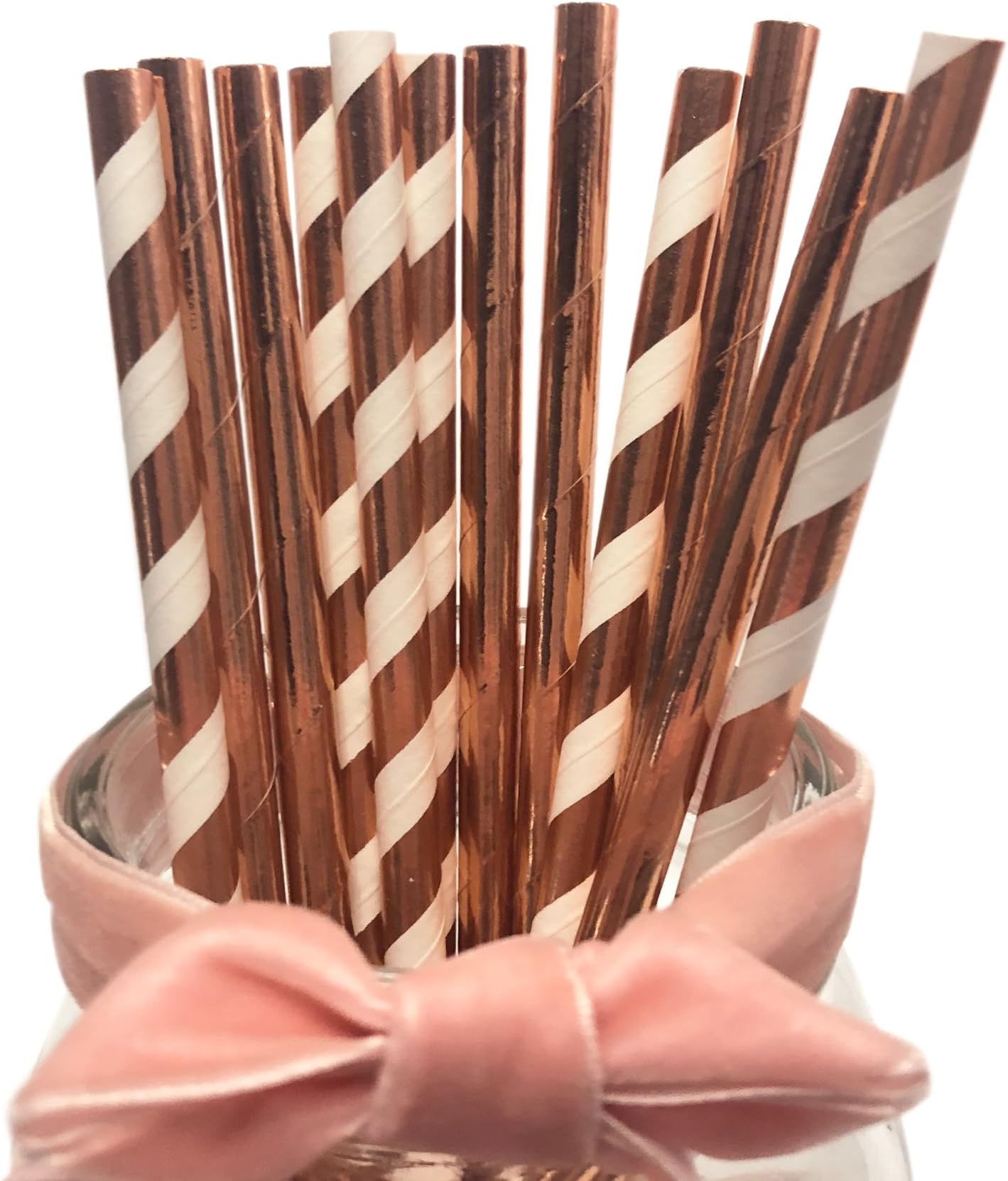 Rose Gold Paper Straws, Darinking Straws Metallic Foil Shining Rose Golden Paper Straws for Weddings and Birthdays Parties(Rose Gold Stripes & Plain Rose Gold Straws)