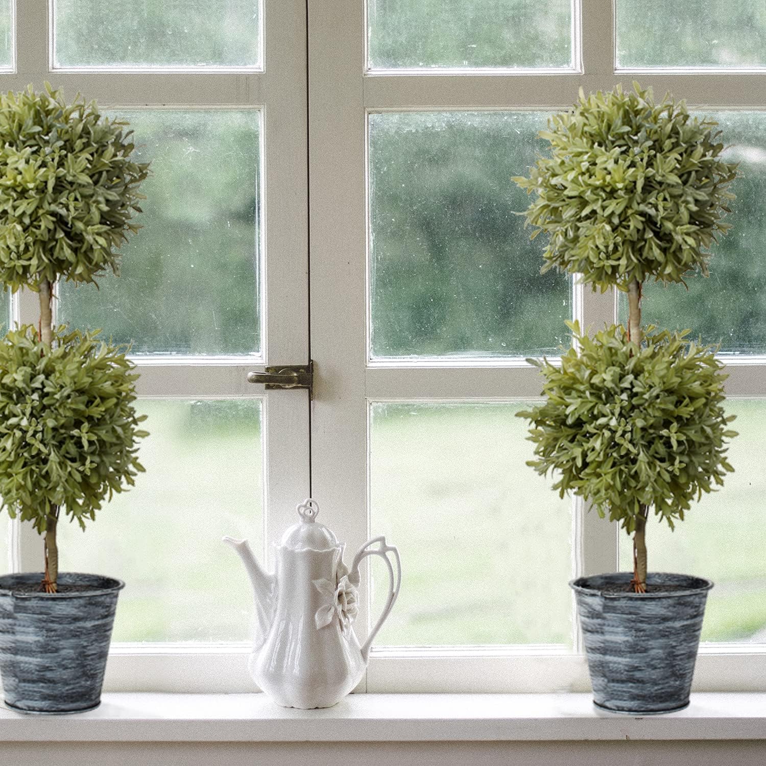 Artificial Boxwood Topiary Tree Double Ball Fake Leave Frosted Green Potted Plants with Iron Pot for Indoor Outdoor Farmhouse Decor -