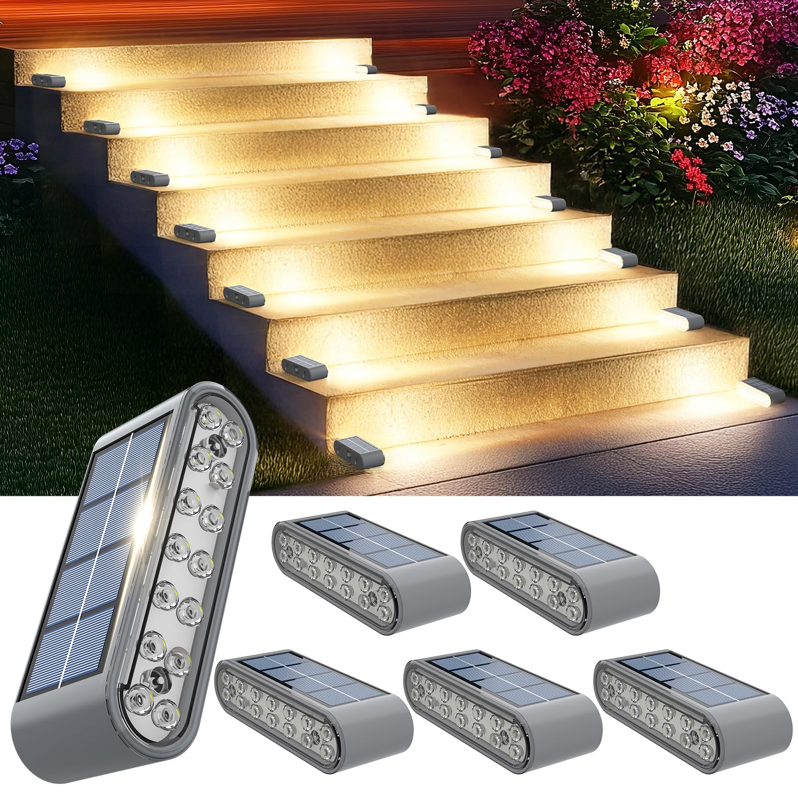 Photo 1 of XILLUMI CORE Solar Step Lights for Outside, 6-Pack Stair Light Outdoor Waterproof IP67, 14 LED Warm White Light Solar Powered Lighting for Steps, Stairs, Deck?Patio, Walkway, Front Porch Decor