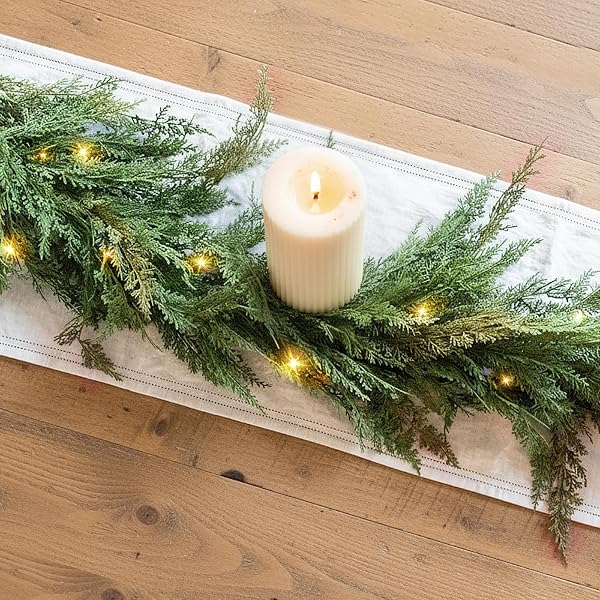 CHRISTMAS CEDAR GARLAND REALISTIC WITH LIGHTS – CYPRESS DECORATIONS 12FT FOR MANTLE LIGHTED FAUX PINE GARLANDS FOR XMAS HOME DECORATION INDOOR STAIRS RAILING FIREPLACE 12 FT OUTDOOR PRELIT DOOR DECOR