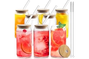 HOMBERKING Glass Cups with Bamboo Lids and Straws 8pcs Set, 20oz Can Shaped Cups, Beer Glasses, Iced Coffee Cups, Cute Tumbler with 2 Cleaning Brushes, Ideal for Cocktail, Whiskey, Tea