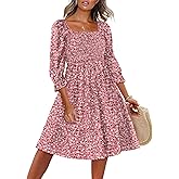 Caracilia Women 3/4 Sleeve Square Neck 2026 Summer Fall Wedding Guest Floral Smocked Casual Boho Midi Dresses