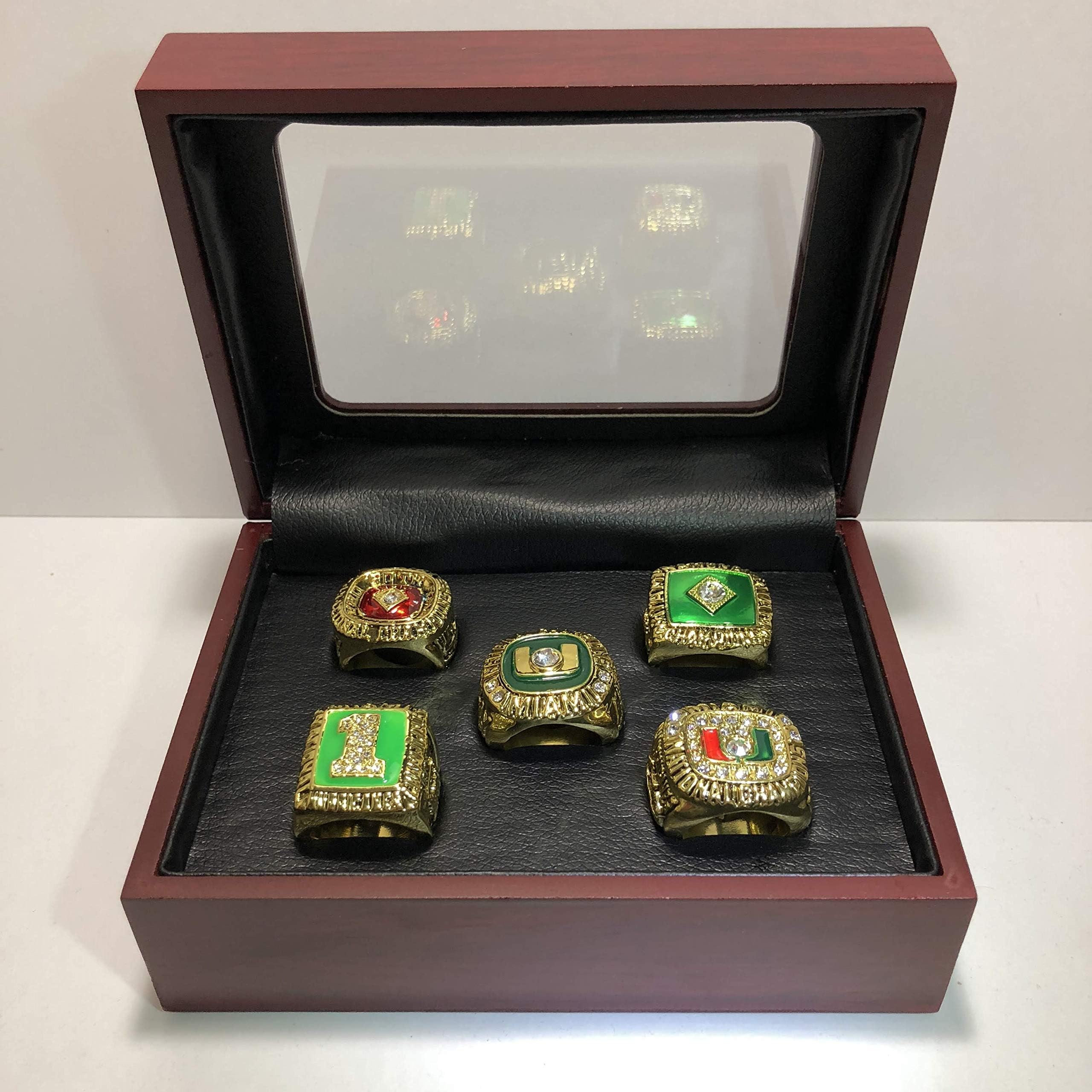 Set of 5 University of Miami Hurricanes National Championship Replica Rings W/Box- Various Sizes Gold Color Collectible Orange Bowl USA SHIPPER