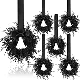 Dingion 6 Pcs 6 Inch Mini Halloween Cabinet Wreaths Black Wreath with Bow | Small Hanging Halloween Wreath Crafts Ornament for Front Door Window Decoration Kitchen Cabinet Fireplace Home Decor