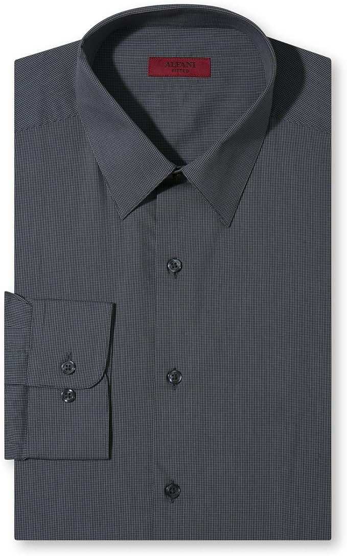 Alfani Men's Fitted Stretch Fabric Mini-Check Dress Shirt, Black & Grey 14.5 32/33 at Amazon Men 