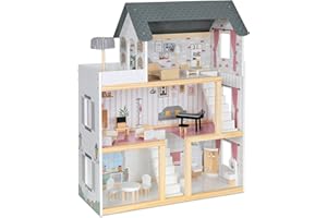 LIL' JUMBL Lil’ Jumbl Kids Wooden Dollhouse, 17-Piece Accessories & Furniture are Included, with Balcony & Stairs, 3 Story Easy to Assemble Doll House Toy