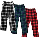 EK4YDNDS 3 Pack Boys Fleece Pajama Pants, Warm Plaid Lounge Pj Bottoms for kid with Pockets Soft