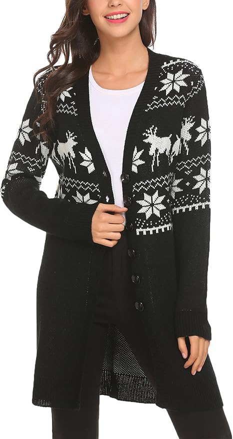 SummerRio Ugly Christmas Sweater Reindeer Snowflakes Long Sleeve Button up Sweater Pullover 