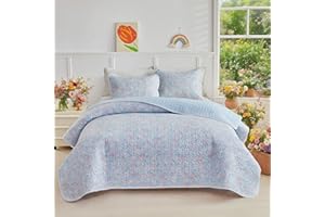 Joyreap 2 Pieces Cotton Quilt Set Twin, Pink n Blue Floral Design for Girls, Cozy Lightweight Cotton Quilt Bedspread Bed Cover for All Season- 68x88 inches