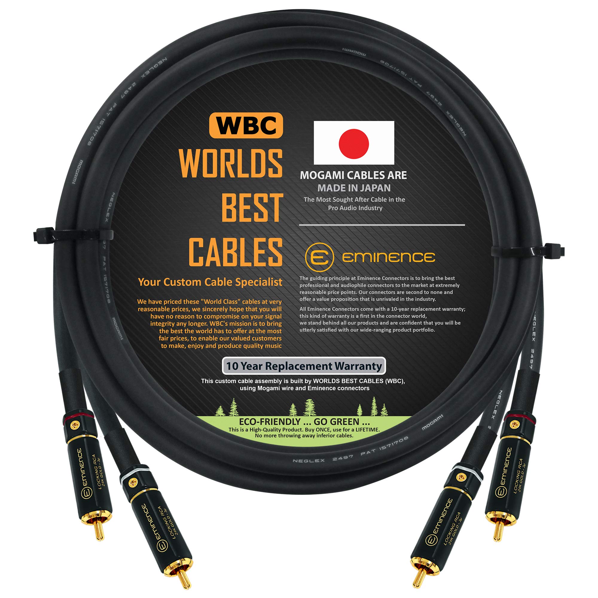 WORLDS BEST CABLES2.5 Foot – Audiophile High-Definition Audio Interconnect Cable Pair Custom Made Using Mogami 2497 Wire and Eminence Gold Locking RCA Connectors