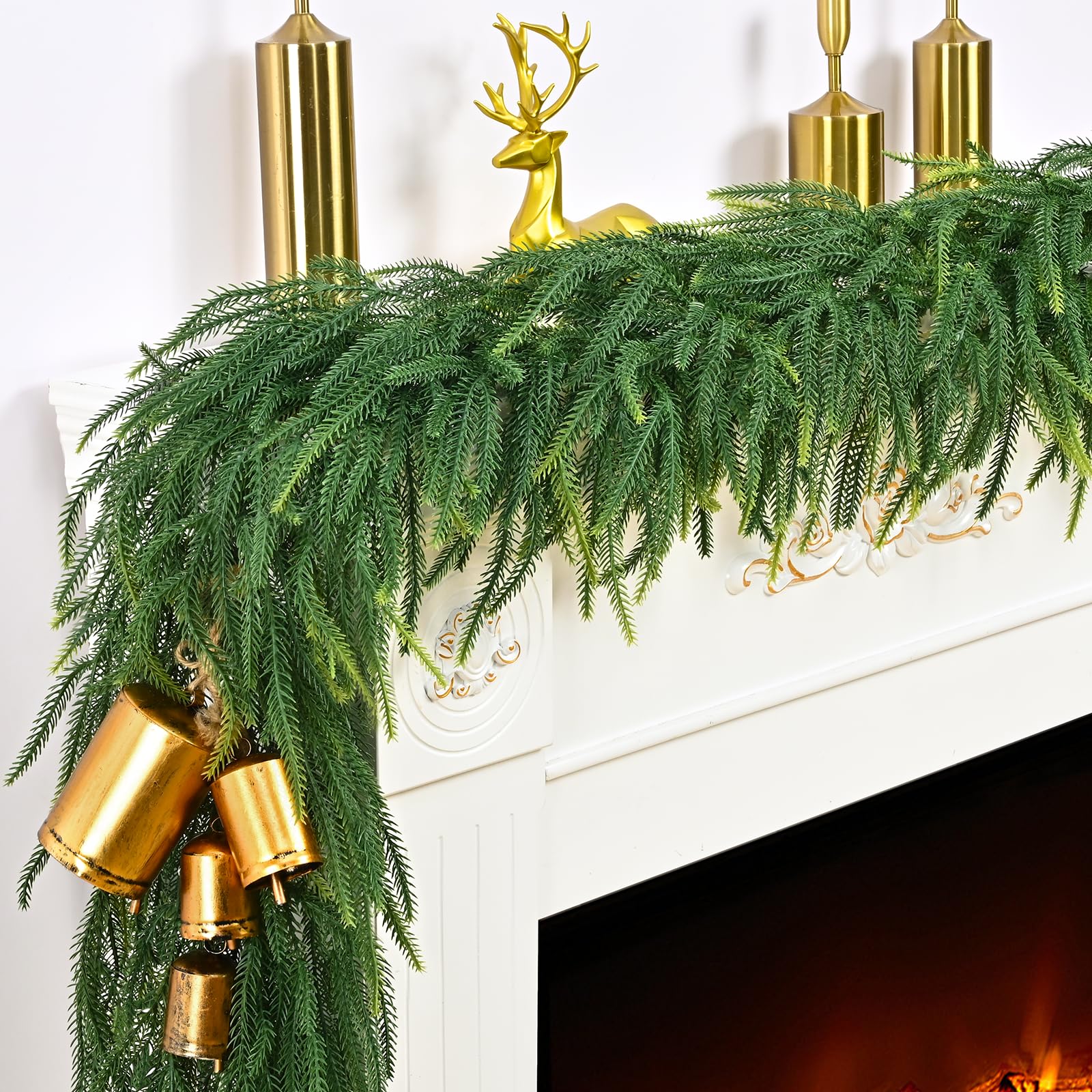 Photo 1 of 2 Pack 9Ft Real Touch Norfolk Pine Garland, Cedar Garland Artificial Realistic, Christmas Garland with Lights for Mantle Table Front Door Xmas Holiday Indoor Outdoor Decorations