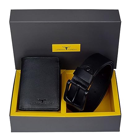 Urban Forest Quinn Black Leather Wallet and Belt Combo Gift Set for Men - Classic Black Leather Wallet and Black Leather Belt Combo