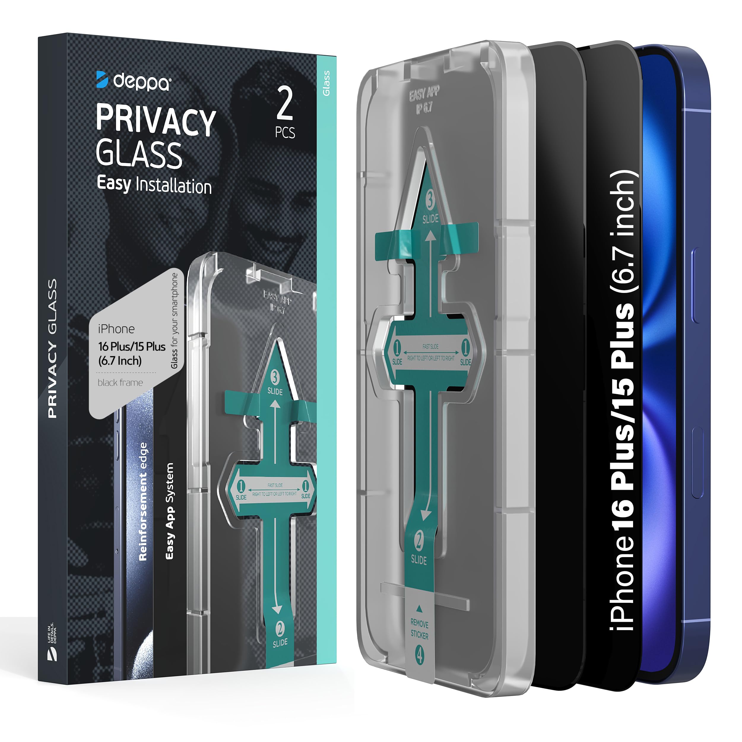 Deppa [2 Pack Premium Privacy Screen Protector for Iphone 15 Plus/16 Plus (6.7') Tempered Glass Edge to Edge Full Cover with Easy Installation Kit Tray - Anti Spy, Private, Dark, Black Film