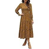 Zattcas Womens Spring Dresses 2026 Casual Long Sleeve Smocked Boho Floral Tiered Midi Wedding Guest Dress with Pockets