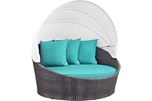 Modway Convene Wicker Rattan Outdoor Patio Retractable Canopy Round Poolside Sofa Daybed in Espresso Turquoise