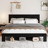 SAMTRA Wooden Bed Frame King Size with Headboard, Farmhouse Platform Bedframe with Wood Slat Support, Sturdy Framework Bed Frame, Easy Assembly (Rustic Black)