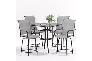 UDPATIO Patio Swivel Bar Stools Set of 5, Outdoor Bar Heigt Chairs and Table, All Weather High Back and Armrest Rocking Stools & Bar Chairs for Backyard, Lawn Garden, Balcony and Pool, Grey White